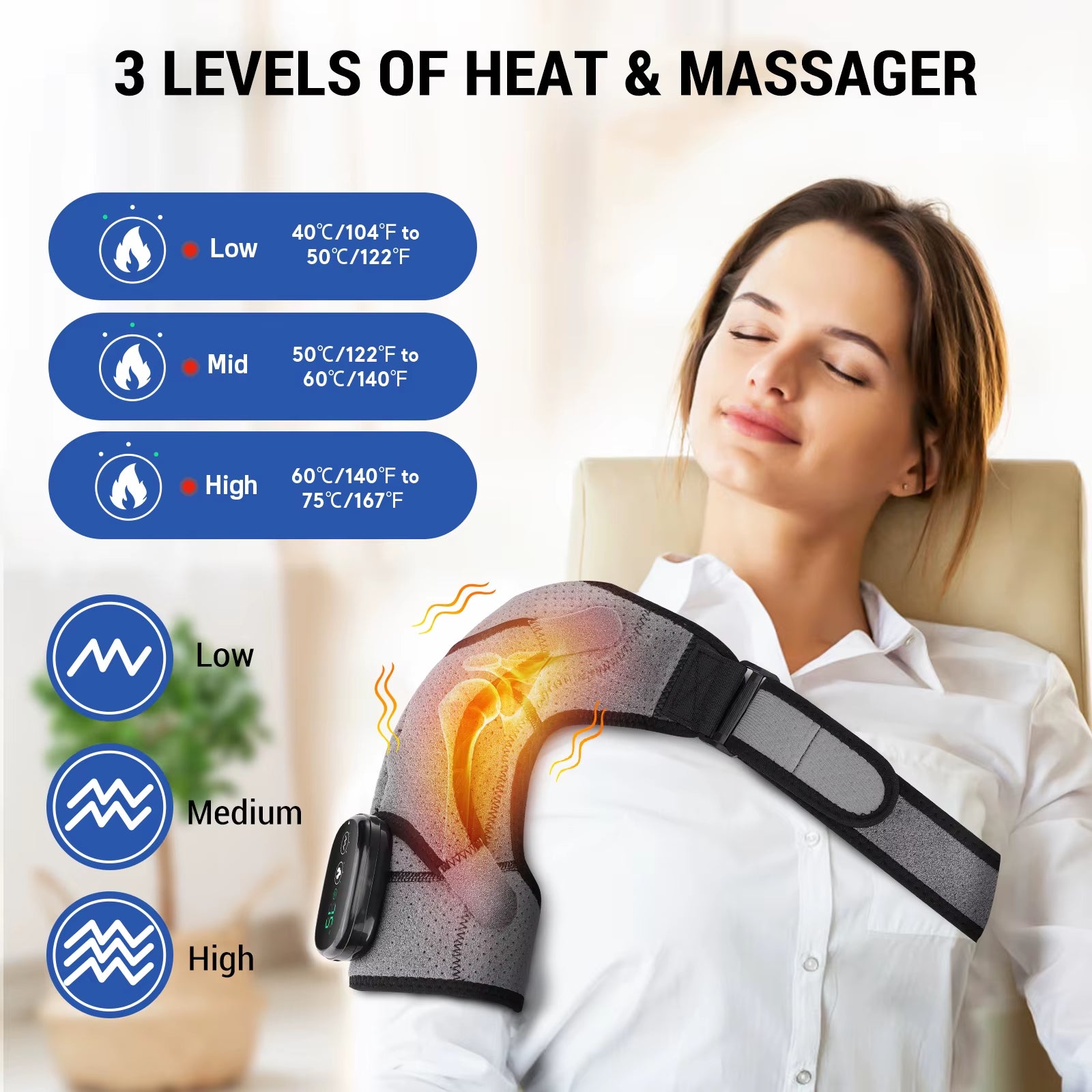 Electric Shoulder Massager 3 Levels Heating Vibration Massage Belt Shoulder Brace Wrap Pad Rechargeable