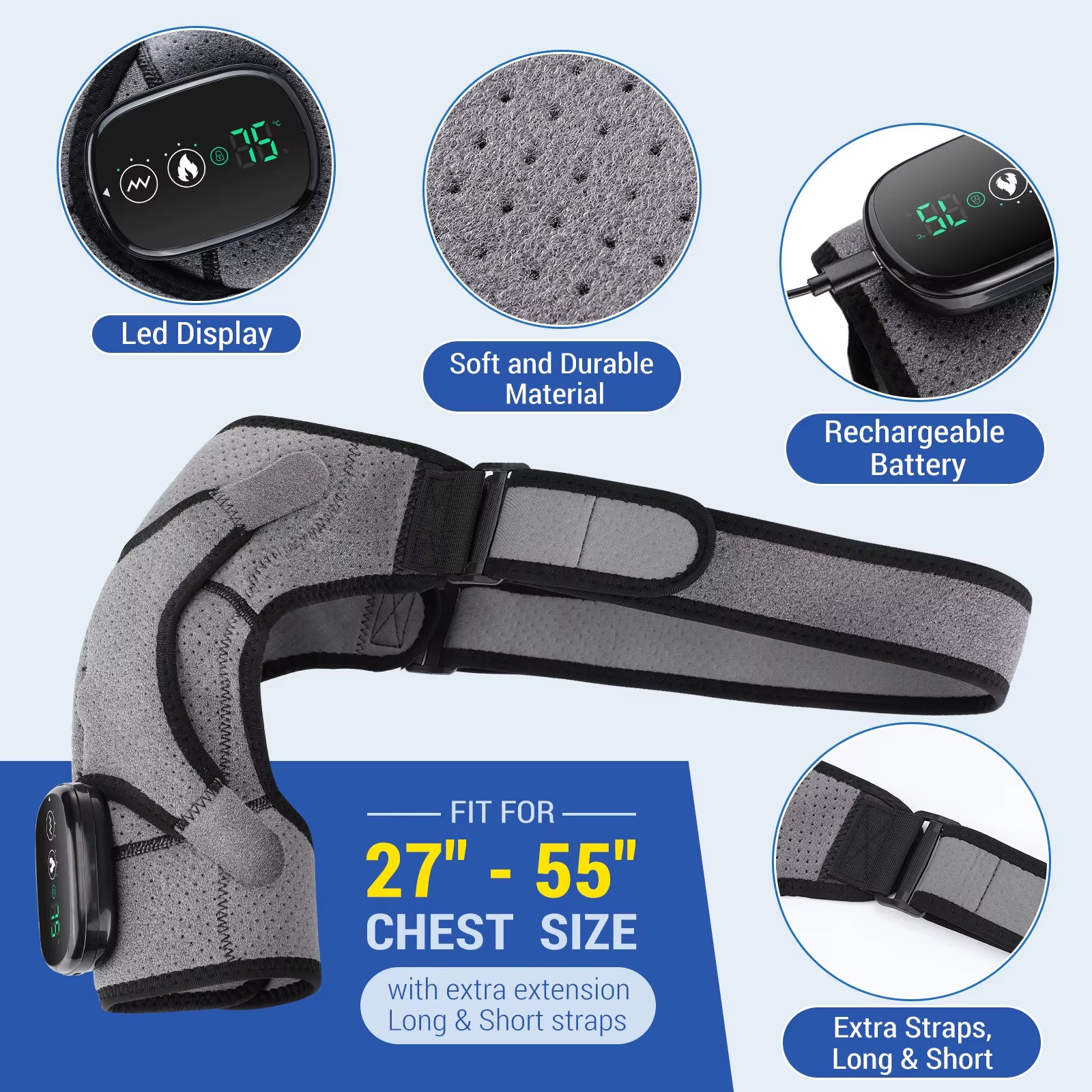 Electric Shoulder Massager 3 Levels Heating Vibration Massage Belt Shoulder Brace Wrap Pad Rechargeable